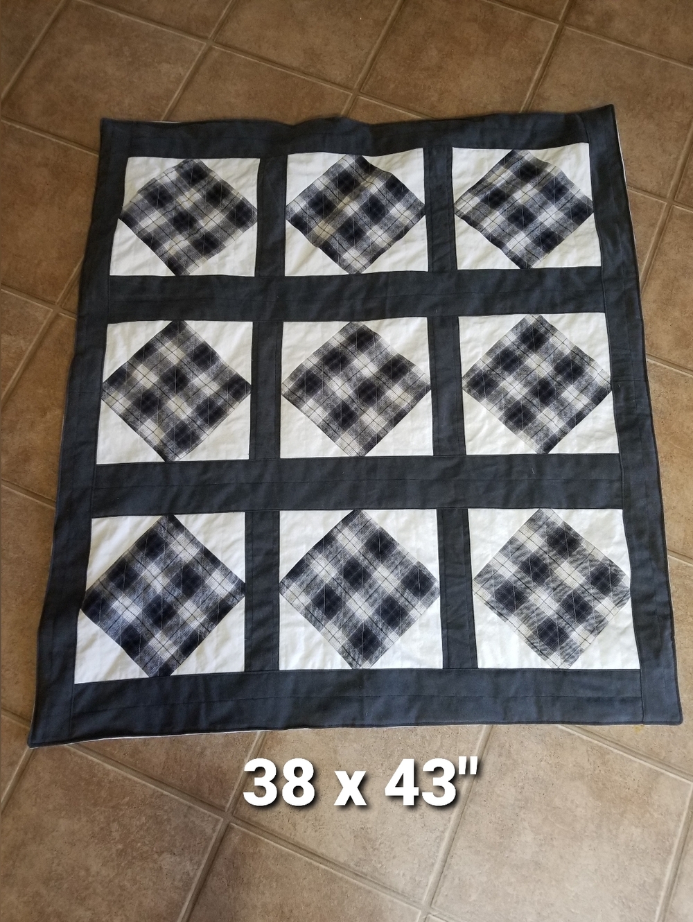 Baby QUILT handmade Blanket Plaid Flannel Black Ivory Baby Shower gift Nwtag